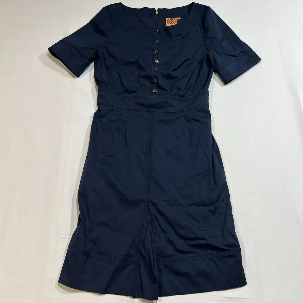 Tory Burch Navy Blue Cotton Blend Sheath Dress Short Sleeve Logo Zipper Size 6